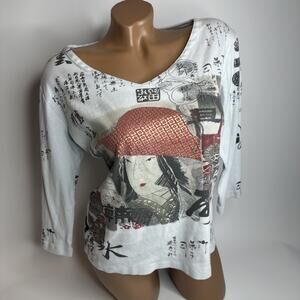 Y2K Katina Marie Artsy Asian Print Graphic Top Metallic V Neck Sz S USA Indie